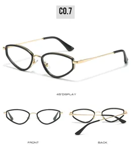 Trendy narrow cat-eye glasses frame with black and gold design, multi-angle detail view.