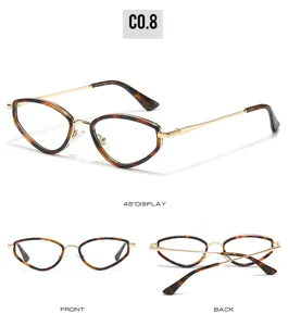 Trendy narrow frame cat eye sunglasses with tortoiseshell and gold metal temples for women.