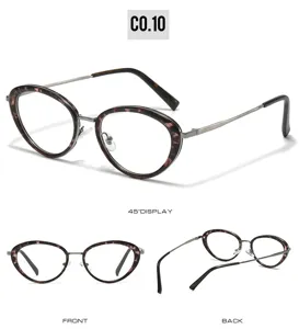 Detailed view of oval metal eyeglasses with tortoiseshell rim, showing multi-angle product design.
