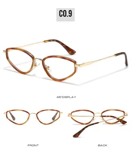 Detailed view of fashionable cat eye glasses with tortoiseshell frame and slim gold metal temples.