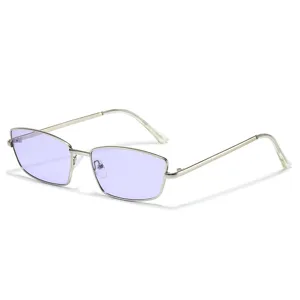 Modische schmale Metallrahmen Sonnenbrille mit lila Gläsern, Vintage Streetwear Brille für Damen.