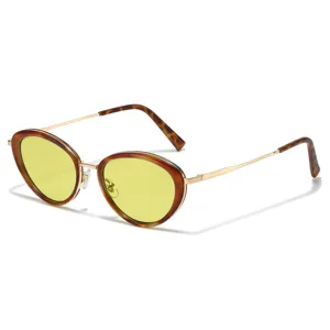 Trendy oval metal sunglasses for women, vintage tortoise shell frame with yellow lenses, stylish sun eyewear.