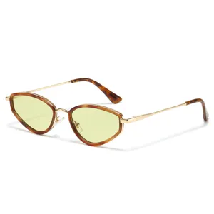 Trendy narrow cat eye sunglasses for women and men, stylish yellow lenses with metal frames.