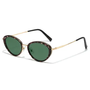 Women's vintage oval metal sunglasses with tortoise frame and green lenses for fashion wear.