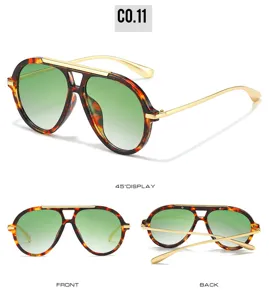 Details of vintage oversized pilot sunglasses with green gradient lenses and gold frame.