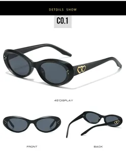 Trendy oval cat-eye sunglasses with stylish double heart temples and chic black frame detail
