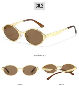 Detail view of metal oval sunglasses showcasing brown lenses and stylish geometric temple design.
