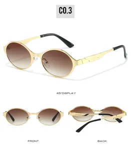 Detailed view of fashionable metal oval sunglasses featuring chic gradient brown lenses.