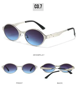 Detailed view of metal oval sunglasses featuring gradient lenses and modern geometric metal temples.