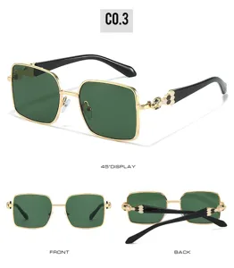 Stylish square sunglasses with green lenses, gold metal frames and chic temple details for women.