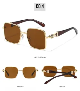 Oversized square sunglasses for women, fashionable metal frame with stylish animal temple decor.