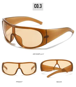 Detailed multi-angle view of trendy brown wrap-around shield sunglasses, modern fashion design.