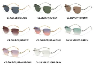 Fashion rimless sunglasses for women with diamond-cut lenses and luxury leopard head temples.