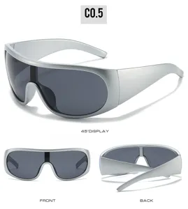 Futuristic wrap-around shield sunglasses with silver frame and dark lenses, multi-angle detail display.