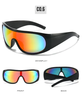 Detailed view of fashion shield sports sunglasses featuring colorful reflective lenses & black frame.