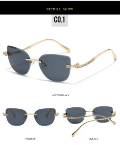 Luxury rimless sunglasses for women featuring diamond cut lenses and stylish rhinestone leopard temples.