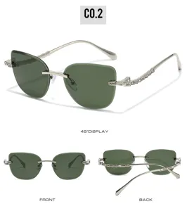 Rimless rhinestone sunglasses luxury green lens designer cat eye eyewear for women