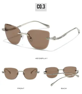 Fashion rimless sunglasses for women featuring chic rhinestone temples and gradient brown lenses.