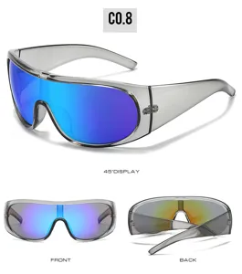 Detailed view of fashion large frame sports cycling shield sunglasses with colorful mirror lens.