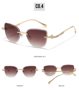 Women fashion luxury rimless rhinestone sunglasses gradient brown lens detail view