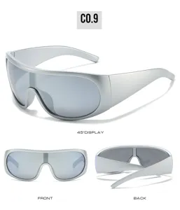 Detailed view of futuristic silver wrap-around sports sunglasses with mirrored lenses.