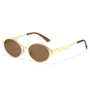 Fashion metal oval frame sunglasses for women and men, chic brown lenses, daily wear.