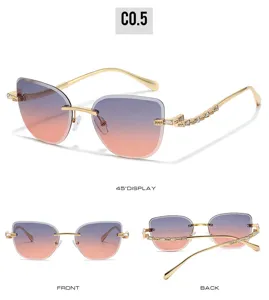 Luxury gradient rimless sunglasses with crystal rhinestone gold temples fashion eyewear.