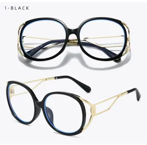 Retro cat-eye blue-light glasses with stylish black gold hollow frames for daily wear and style.