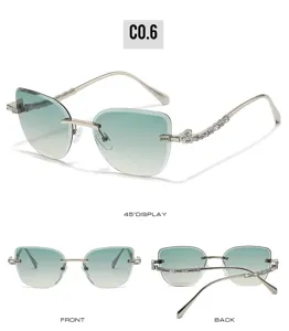 Chic rimless gradient green sunglasses with sparkling rhinestones and cat-eye lenses.