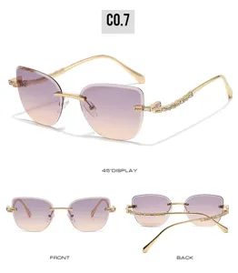 Women rimless gradient sunglasses featuring chic crystal rhinestones and luxury temple design.