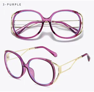 Close-up detail of the vintage purple cat-eye optical glasses with stylish gold metal temples.