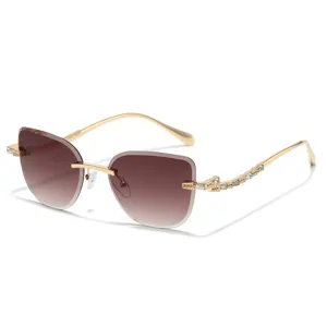 Chic fashion rimless sunglasses featuring gradient brown lenses and crystal-embellished gold temples.