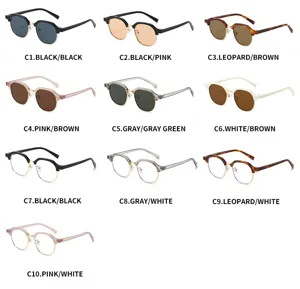 Fashion half-frame round sunglasses and optical glasses for women, multiple color variants.