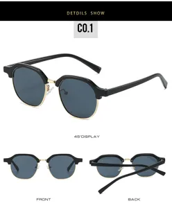 Women half-frame fashion sunglasses retro round sun glasses chic street style black gold