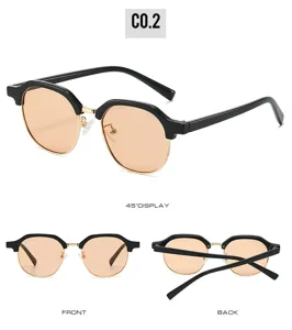Detailed view of fashion half-frame sunglasses with gradient lenses and chic metallic bridge.