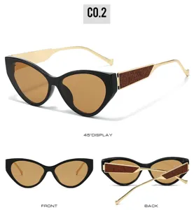 Trendy European cat eye sunglasses for women men retro black frame gold metal temples