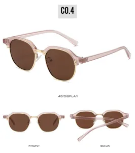 Chic half-frame sunglasses with pink translucent frame, gold metal details and brown lenses.