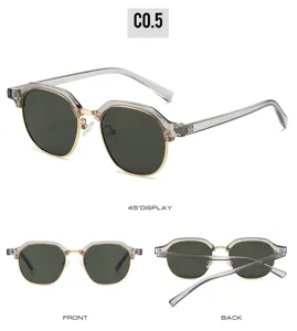 Fashion half-frame sunglasses for women with trendy round dark green lenses and clear frames.