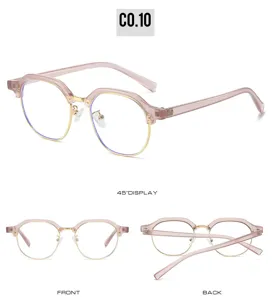 Chic half-frame round eyeglasses with pink translucent frame and gold metal rim for women.