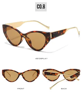 Detail view of retro cat eye sunglasses with tortoise shell frame and gold metal temples.