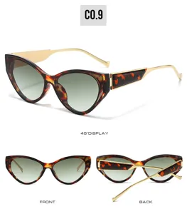 Detail view of luxury tortoiseshell cat-eye sunglasses featuring gold temples and gradient lenses.
