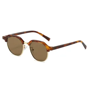 Women's Half Frame Sunglasses Tortoise Shell Retro Round Metal Designer Trendy Shades