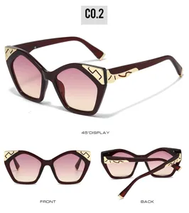Detailed multi-angle view of cat-eye sunglasses with gradient lenses and gold metal accents.