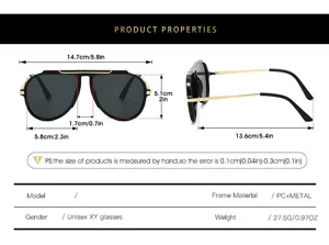 Detailed dimension diagram and technical specifications of retro square sunglasses.