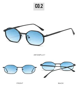 Retro polygonal metal sunglasses with blue gradient lenses, stylish small frame design.