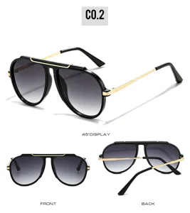 Multi-angle details of retro square sunglasses with black gold frame and gradient lenses.