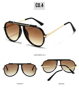 Close-up details of vintage square sunglasses with gradient brown lenses and black gold frame.
