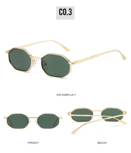Vintage octagonal metal frame sunglasses with dark green lenses, stylish multi-angle display.