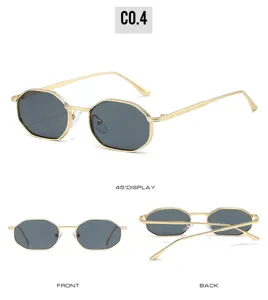 Details of trendy polygonal metal sunglasses featuring dark lenses and retro frame style.
