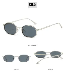 Polygon metal sunglasses detail view, showing 45-degree angle, front and back features.